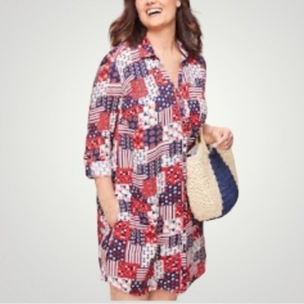 Talbots Crinkle Cotton Women Small Beach Shirt Dress Cover-up Nautical Patriotic